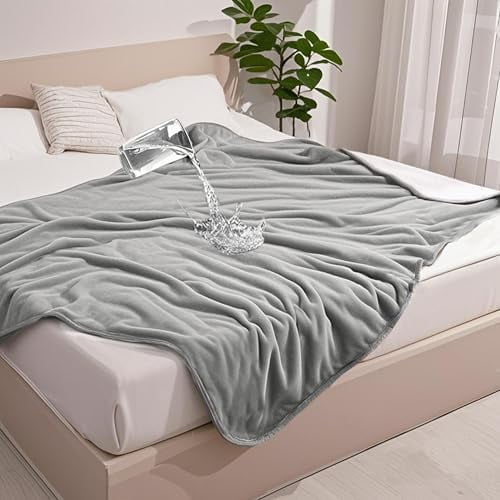 Waterproof Blanket for Bed Couch Sofa, Liquid Pee and Fur Proof Pet Blanket for Dog Puppy Cat, Reversible Sherpa Fleece Throw Blanket Furniture Cover Protector (Grey, 50x60 inches)