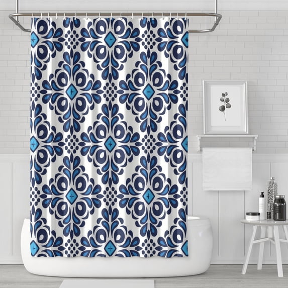 Waterproof Blue Decorative Floral Shower Curtain 72x72 Inch Boho Style Polyester Unique Shower Curtain for Bathroom Hotel Home Decor with 12 Plastic Hooks
