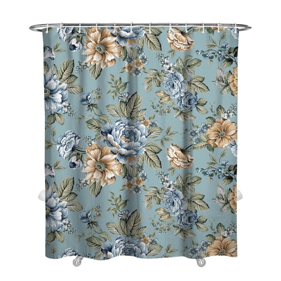 Waterproof Blue Floral Shower Curtain 72x84 Inch Boho Style Polyester Unique Shower Curtain for Bathroom Hotel Home Decor with 12 Plastic Hooks