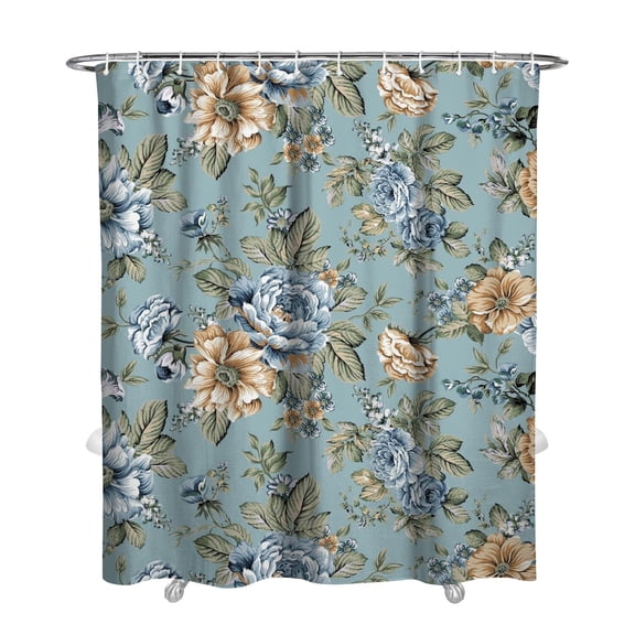 Waterproof Blue Floral Shower Curtain 72x84 Inch Boho Style Polyester Unique Shower Curtain for Bathroom Hotel Home Decor with 12 Plastic Hooks