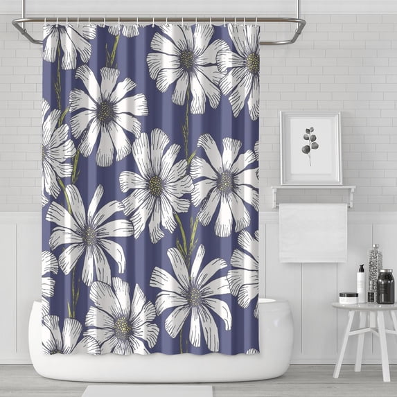 Waterproof Blue Pattern with White Daisy Shower Curtain 72x72 Inch Boho Style Polyester Unique Shower Curtain for Bathroom Hotel Home Decor with 12 Plastic Hooks