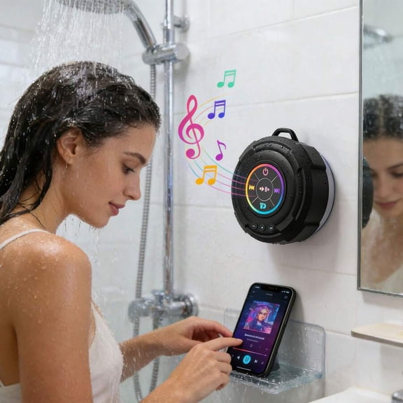 Waterproof Bluetooth Speaker with Suction Cup, USB Rechargeable, Portable Mini Shower Speaker with Enhanced Bass, Built-in Mic for Travel, Bathroom, Outdoor, Party & Home Use