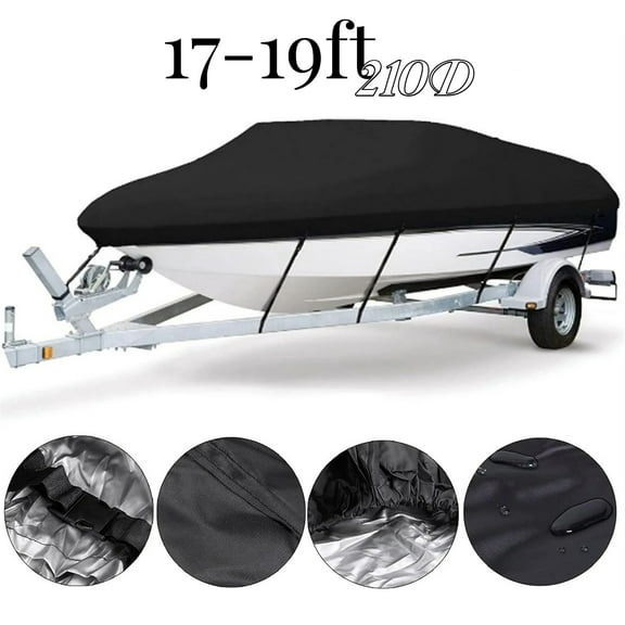 Waterproof Boat Cover, 17-19ft Trailerable Boat Cover, Heavy Duty 210D Oxford Mooring Cover for V-Hull Boat with 5 Straps,19.7 x 9.8 ft