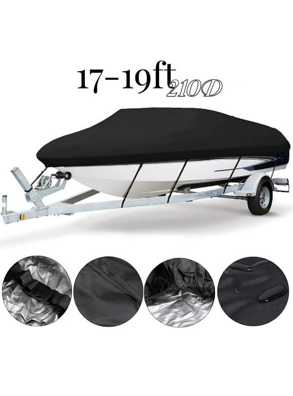 Waterproof Boat Cover, 17-19ft Trailerable Boat Cover, Heavy Duty 210D Oxford Mooring Cover for V-Hull Boat with 5 Straps,19.7 x 9.8 ft