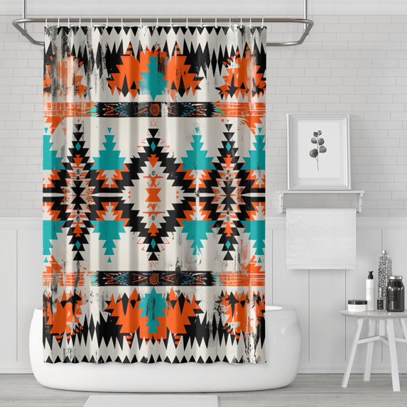 Waterproof Boho Orange Blue Geometry Pattern Shower Curtain 72x72 Inch Boho Style Polyester Unique Shower Curtain for Bathroom Hotel Home Decor with 12 Plastic Hooks