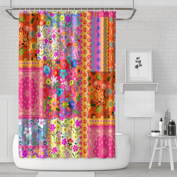 Waterproof Boho Patchwork Vintage Shower Curtain 72x72 Inch Bohemian Style Stitching Colorful Floral Retro Shower Curtains for Bathroom Hotel Home Decor with 12 Hooks