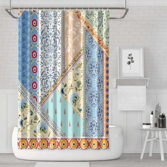 Waterproof Boho Patchwork Vintage Shower Curtain 72x72 Inch Bohemian Style Stitching Colorful Floral Retro Shower Curtains for Bathroom Hotel Home Decor with 12 Hooks
