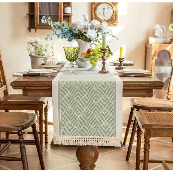 Waterproof Boho Table Runner, 63 In Gray Geometric Table Runner with Tassel Fringe, Polyester Table Runner for Dining Table, Coffee Table and Party Decor
