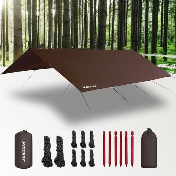 Waterproof Brown 10x13ft Camping Tarp Ultralight UV-Protective Rain Fly for Hammock or Tent, Backpacking, Hiking, and Outdoor Use
