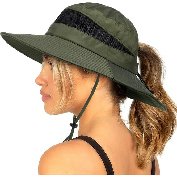 Waterproof Bucket Sun Hat for Women Wide Brim Breathable Mesh UPF50+ Safari Hat Criss Cross Ponytail Hole Outdoor Rain Hat
