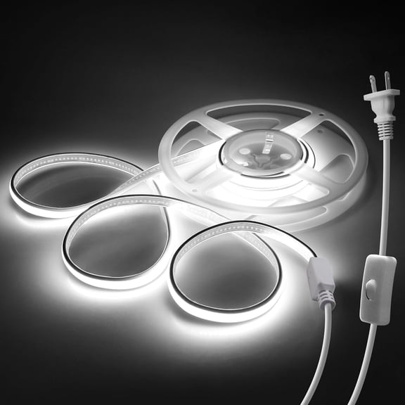Waterproof COB LED Light Strips Outdoor AC 110V Plug in with Switch LED Rope Lights Self-Adhesive Cuttable Daylight White 6000k 288LEDs/M Under Cabinet Lights for Bedroom Kitchen Garden 6.56FT/2M