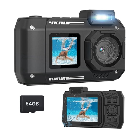 Waterproof Camera 4K 65MP Underwater with 64G Card, for Snorkeling Autofocus Selfie Dual-Screen Black