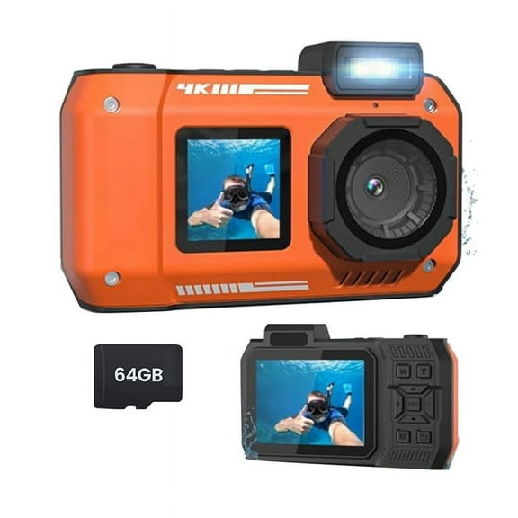 Waterproof Camera 4K 65MP Underwater with 64G Card, for Snorkeling Autofocus Selfie Dual-Screen Orange