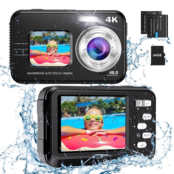 Waterproof Camera w/ 64G Card Dual Screens, 4K 48MP 11FT Underwater Digital Camera 16X Zoom, Compact Camera for Swimming Floating Snorkeling, Black