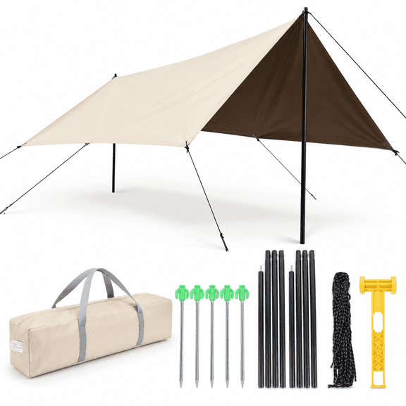 Waterproof Camping Tarp Hammock Rain Fly, 4.5x4.5m, Khaki, UV Protection, Lightweight Outdoor Tent Accessory