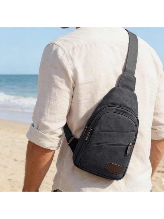 Waterproof Canvas Sling Crossbody Bag for Men and Women, Adjustable Single-Shoulder Chest Backpack with Multiple Compartments, Lightweight Travel Hiking Daypack, 30x17cm