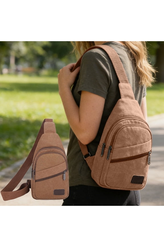Waterproof Canvas Sling Crossbody Bag for Men and Women, Adjustable Single-Shoulder Chest Backpack with Multiple Compartments, Lightweight Travel Hiking Daypack, 30x17cm