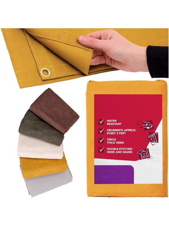 Waterproof Canvas Tarp Cover Heavy Duty Duck Cloth, Waxed Canvas Tarpaulin with Rustproof Brass Grommets for Camping, Construction, Equipment & Outdoor Use (Gold, 8x10 Ft)