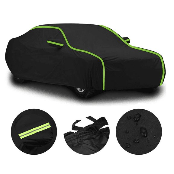 Waterproof Car Cover Fits for 1970-2023 Dodge Challenger Waterproof Full Automobiles Cover Outdoor Indoor All Weather UV Protection Snowproof Rain Sunproof Dust-proof Windproof, Black+Green