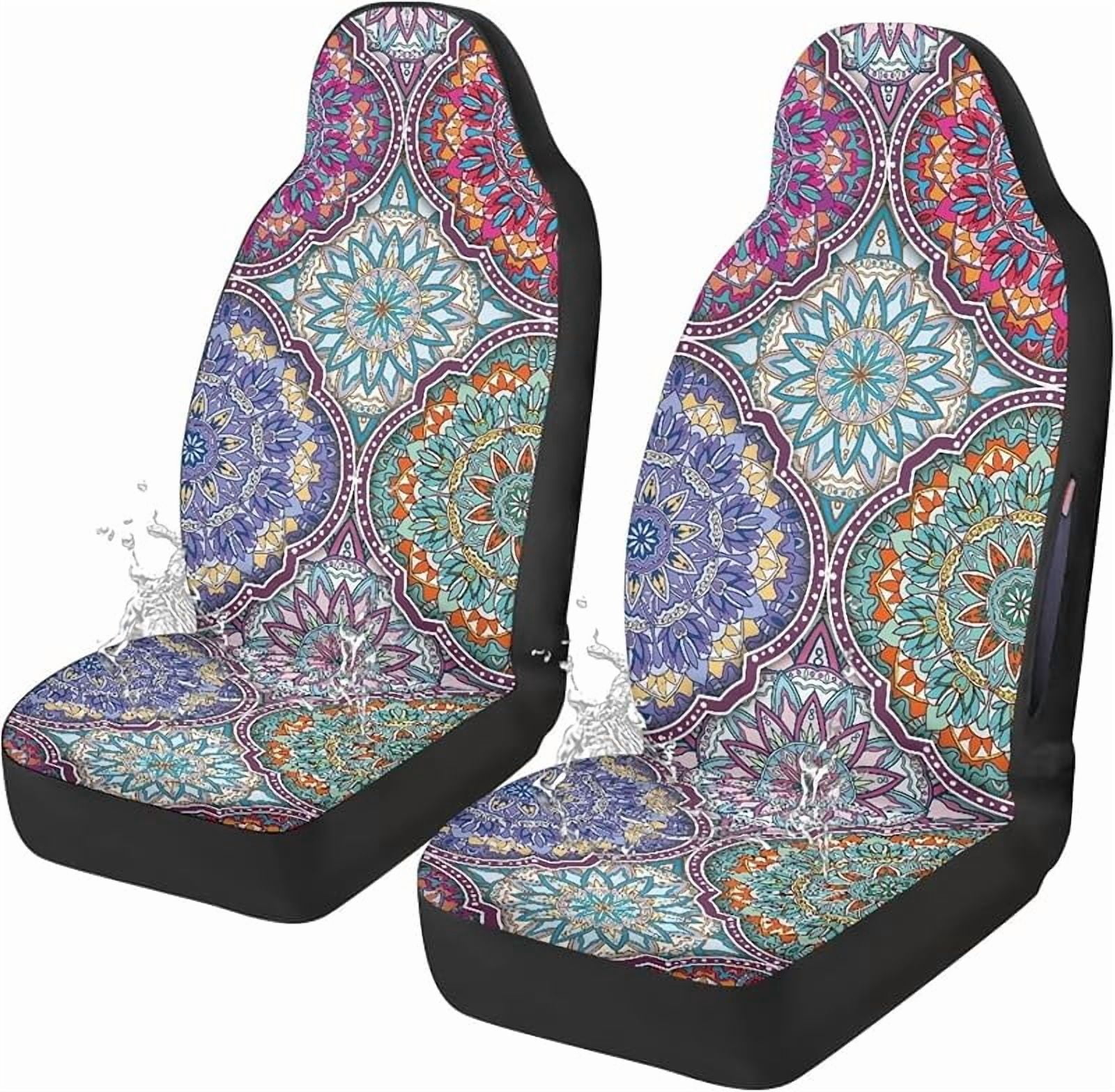 Waterproof Car Front Seat Cover Set Boho Mandala Floral Pattern Driver Seat Cover Comfort Front Bucket Seat Cover,Auto Interior Decoration,2 Pack,Airbag Compatible