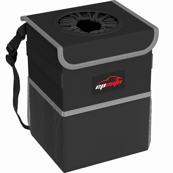 Waterproof Car Trash Can with Lid and Storage Pockets, 2.5 Gallon, Black