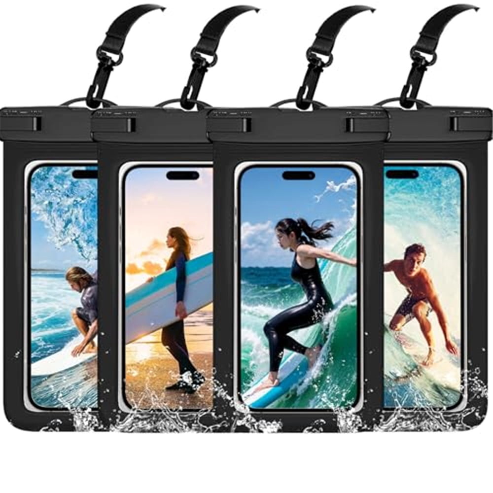 Waterproof Case Compatible with iPhone 14 Pro Max/13/12/11/XR/X/SE/8/7, Galaxy S22/S21 Google up to 6.7" IPX8 Dry Bag Vacation Essentials (Black-4 Pack)