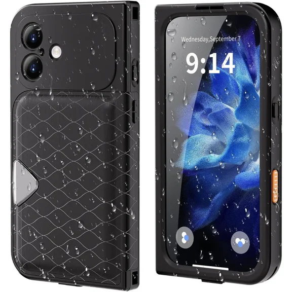 Waterproof Case for iPhone 17, Magnetic Wallet Phone Cover with Built-in Screen Protector, Card Holder, Makeup Mirror, Camera Control Capture Button