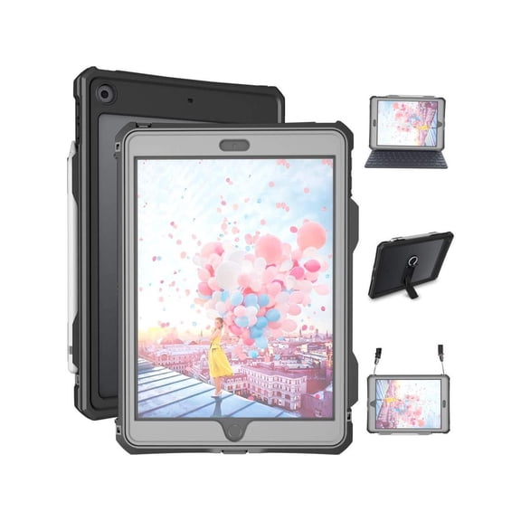 Waterproof Case For iPad 10.2 inch 9th 8th 7th Generation / iPad 10.2 2021/2020/2019 ,ShockProof Bumper Full-Body Protective Cover with Built-in Screen Protector /Shoulder Strap/Stand/Pencil Holder