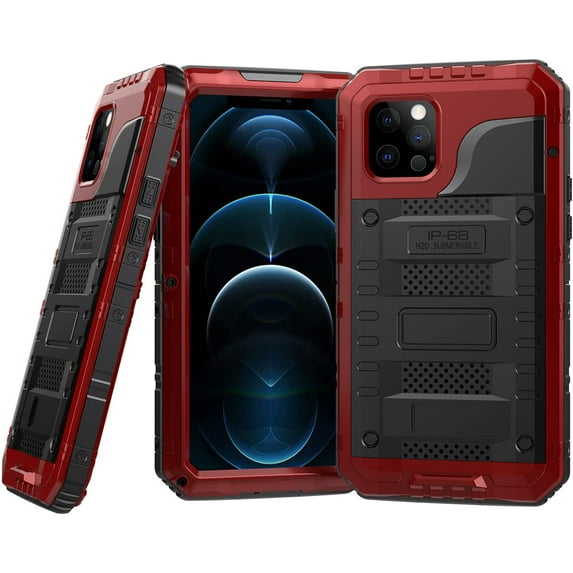 Waterproof Case for iPhone 12 Pro, Heavy Duty Durable Metal Full Body Built-in Screen Protection Case Waterproof Shockproof Dustproof Rugged Military Grade Defender for iPhone 12 Pro - Red