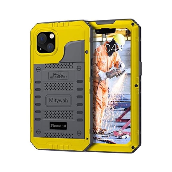 Waterproof Case for iPhone 13, Heavy Duty Military Grade Drop Protection Phone Case with Built-in Screen Protector, 360 Full Body Protection Metal Armor Dropproof Case 6.1 inch, Yellow