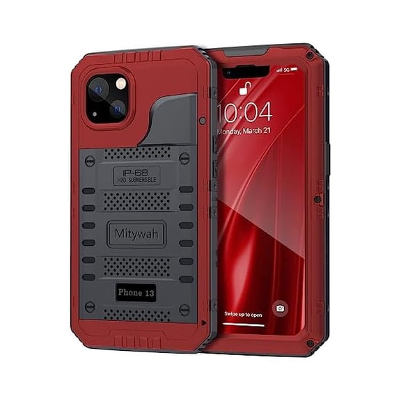 Waterproof Case for iPhone 13, Heavy Duty Military Grade Drop Protection Phone Case with Built-in Screen Protector, 360 Full Body Protection Metal Armor Dropproof Case 6.1 inch, Red