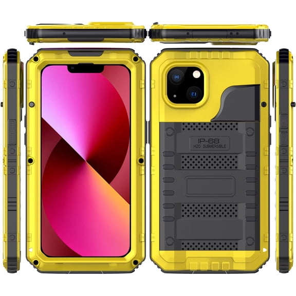 Waterproof Case for iPhone 13 Pro 6.1 Inch, Heavy Duty Durable Metal Full Body Built-in Screen Protection Case Shockproof Dustproof Rugged Military Grade Defender for iPhone 13 Pro 5G - Yellow