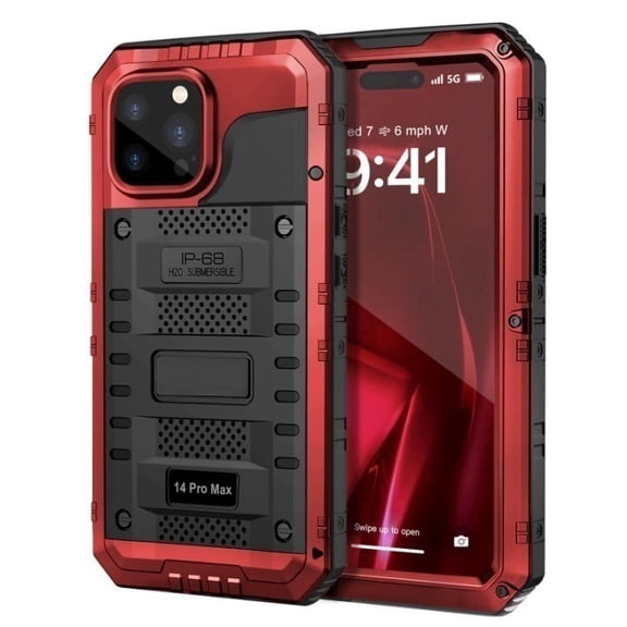 Waterproof Case for iPhone 14 Pro Max, Heavy Duty Shockproof Case with Built-in Screen Protector, Full Body Underwater Protective Metal Case 6.7 inch, Red