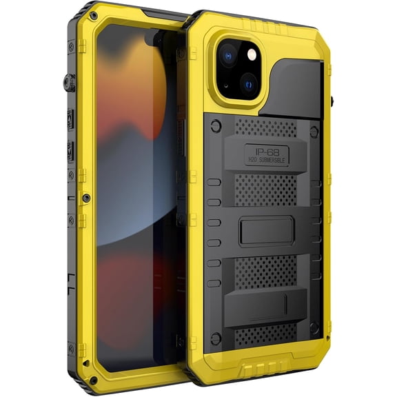 Waterproof Case for iPhone 15 Pro, Heavy Duty Durable Metal Full Body Built-in Screen Protection Case Shockproof Dustproof Rugged Military Grade Defender for iPhone 15 Pro - Yellow