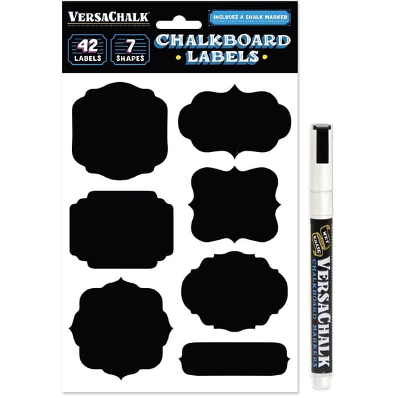 VersaChalk Chalkboard Labels, 42-Pack, 7 Assorted Shapes, Vintage Style, Self-Adhesive, Includes White Fine Tip Marker