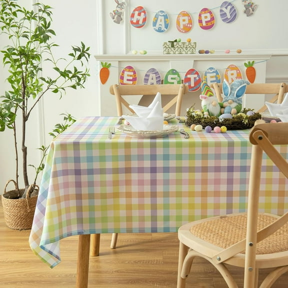 Waterproof Checkered Tablecloth Fabric - Colorful Rectangle 58x84 Inch Easter Table Cloth for Indoor/Outdoor Use - Table Cover for Kitchen, BBQs, and Parties