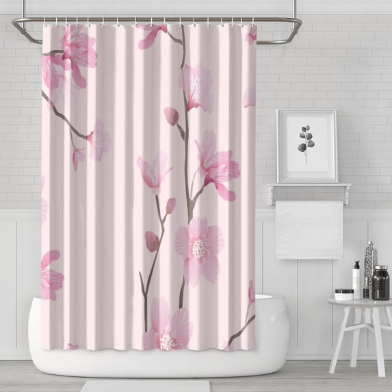 Waterproof Cherry Blossom - Pink Shower Curtain 72x72 Inch Boho Style Polyester Unique Shower Curtain for Bathroom Hotel Home Decor with 12 Plastic Hooks