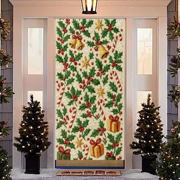 Waterproof Christmas Door Decoration, Durable Holiday Scene Door Cover with Metal Hanger, Wrinkle-Resistant Door Curtain for Seasonal Home and Business Use(A)