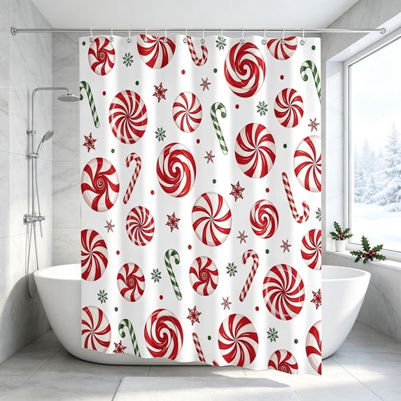 Waterproof Christmas Shower Curtain, 70.9 x 59.1 Inch Holiday Fabric Curtain with Hooks for Bathroom Decor, Home Bath and Xmas Parties J