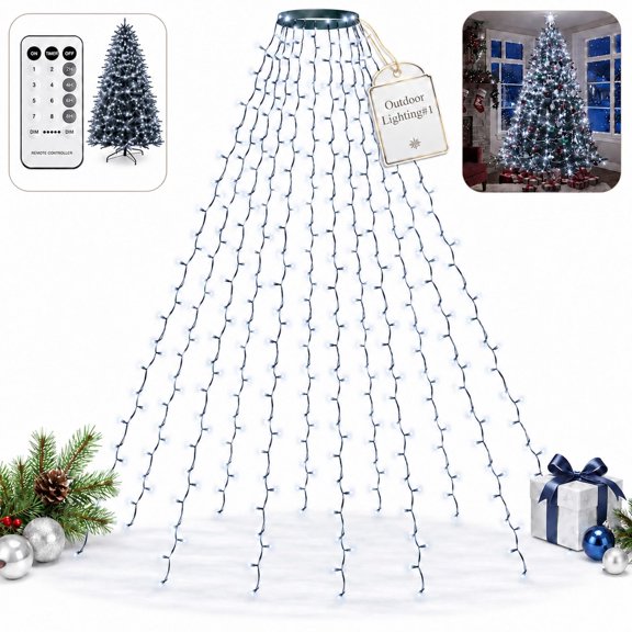 Waterproof Christmas Tree Waterfall Lights with Ring LED Waterfall Topper, Remote & 8 Lighting Multicolor Timing Modes for Indoor Outdoor Yard Party Xmas Decoration (White light-1.5m)