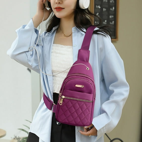 Waterproof Cloth Travel Chest Bag, Large Capacity Sling Pack with USB Charging, Black Red Purple Blue Pink, 11.81x6.69x3.93in, Anti-Theft