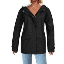 Waterproof Comfy Rain Jacket For Women Casual Solid Color Hooded Windproof Fleece-Lined Winter Black Raincoat Jacket S-5XL