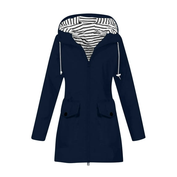 Waterproof Comfy Rain Jacket For Women Hooded Windproof Solid Color Loose With Pocket Winter Dark Blue Raincoat Jacket S-2XL