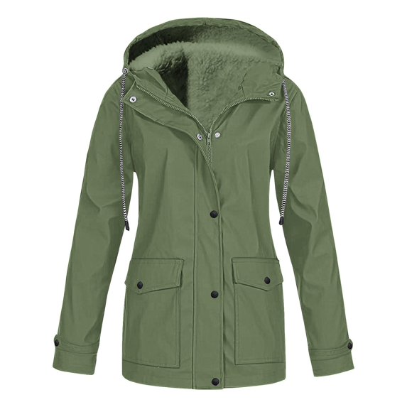 Waterproof Comfy Rain Jacket For Women Casaul Solid Color Plus Size Drawstring Zipper Hooded Windproof With Pocket Winter Army Green Raincoat Jacket S