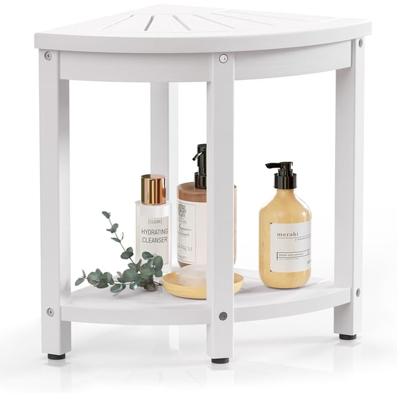 Waterproof Corner Shower Stool for Inside Shower, Poly Lumber Shower Bench Seat Chair, Bath Shower Stool for Shaving Legs Foot Rest with Storage Shelf, Adjustable & Non-Slip Feet, White