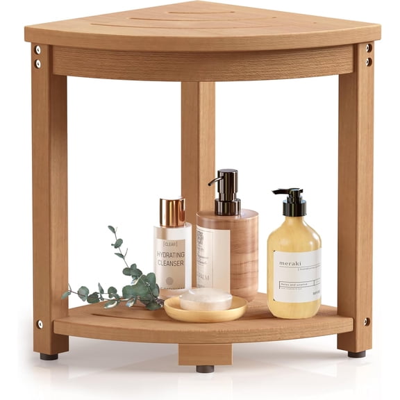 Waterproof Corner Shower Stool for Inside Shower, Poly Lumber Shower Bench Seat Chair, Bath Shower Stool for Shaving Legs Foot Rest with Storage Shelf, Adjustable & Non-Slip Feet, Teak Brown