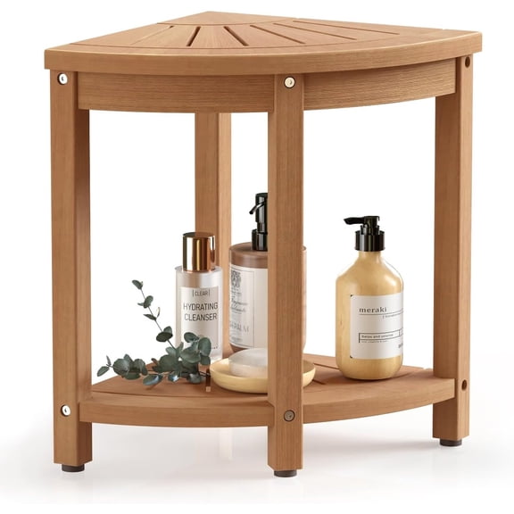 Waterproof Corner Shower Stool for Inside Shower, Poly Lumber Shower Bench Seat Chair, Bath Shower Stool for Shaving Legs Foot Rest with Storage Shelf, Adjustable & Non-Slip Feet, Teak Brown