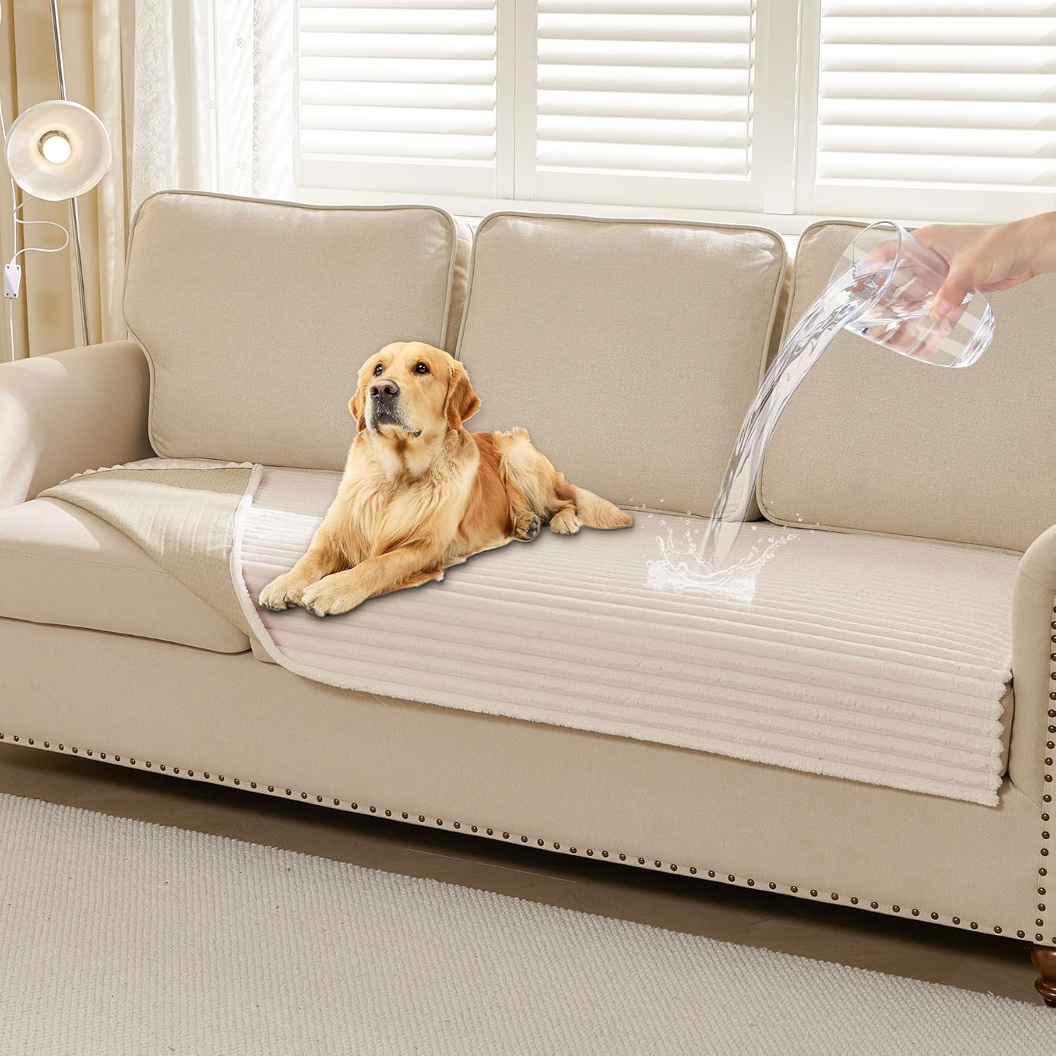 Waterproof Couch Cover for Dogs Washable, Faux Fur Pet Couch Covers for Sofa, Soft Dog Bed Cover Non-Slip Couch Covers for 3 Cushion Couch Sofa Pet Friendly (Beige, 35" x 74")