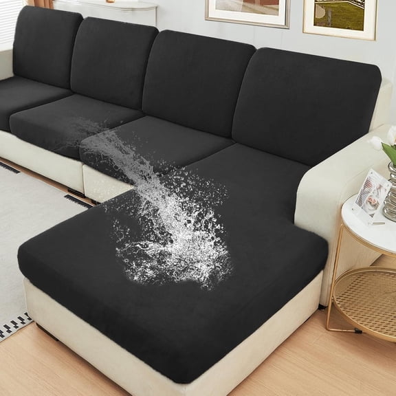 Waterproof Couch Cushion Covers Thick Velvet Fabric Washable Sofa Slipcovers Sectional Couch Covers for 4 Pieces Separate L Shape Couch Cover with Elastic Bottom(3 Seater + 1 Chaise,Black)