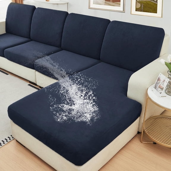 Waterproof Couch Cushion Covers Thick Velvet Fabric Washable Sofa Slipcovers Sectional Couch Covers for 4 Pieces Separate L Shape Couch Cover with Elastic Bottom(3 Seater + 1 Chaise,Navy)